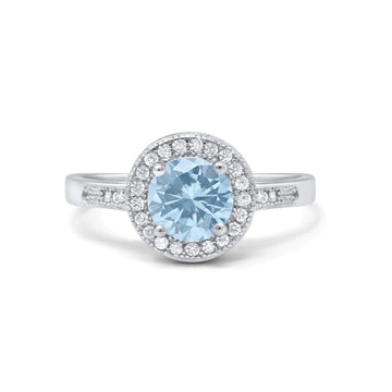Halo Art Deco Wedding Engagement Ring Round Simulated Aquamarine CZ 925 Sterling Silver